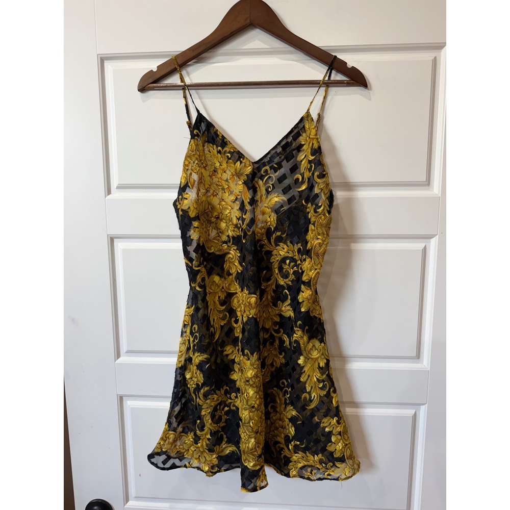 VTG 90s Victorias Secret Gold Label Black Gold Baroque Slip Dress Chemise Medium